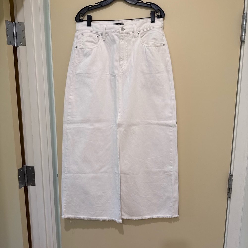 J. Crew White Midi Denim Skirt with Frayed Hem